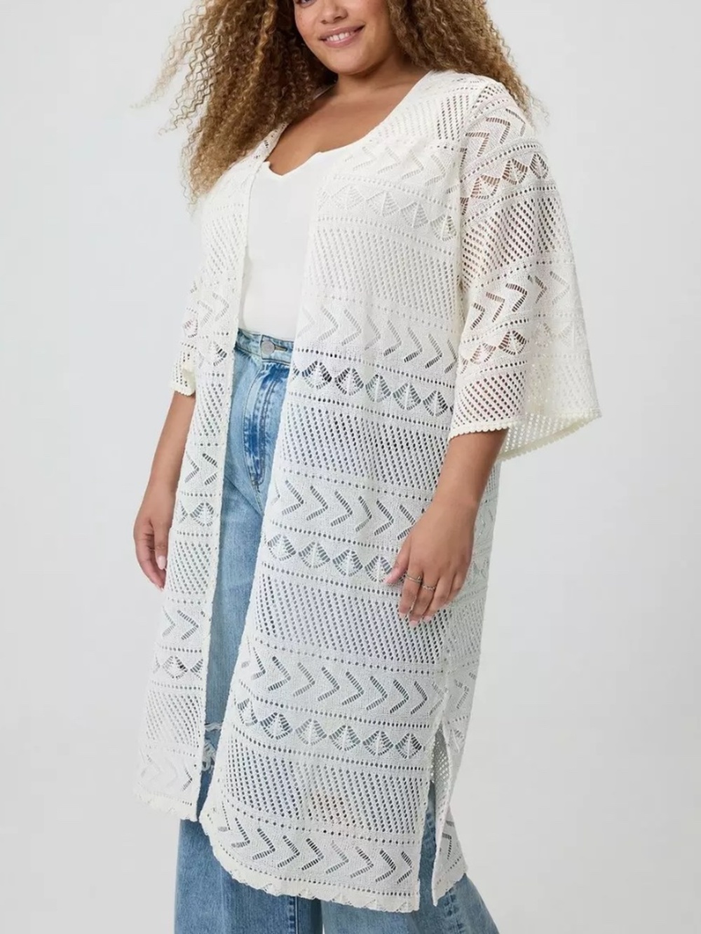Torrid Kimono Top 2X White Crochet Lace Midi Open Front Duster Boho Plus Size
